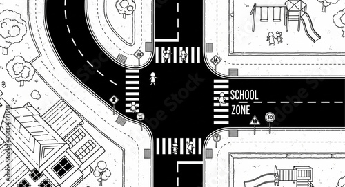 Aerial view of a busy city intersection with a school zone.