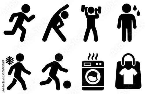 Fitness icons with runner dumbbell washing machine solid
