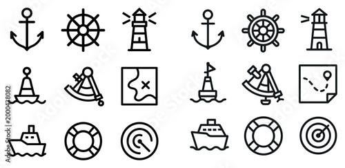 Nautical icons with anchor wheel lighthouse outline