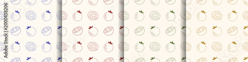Vector set of monochrome hand drawn sketch doodle tomato seamless pattern with whole, sliced vegetables in blue, red, green, yellow outline on light background. Fresh salad food tomato print design.