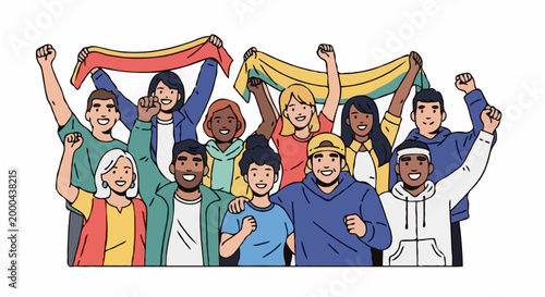 A diverse group of people joyfully holding a flag and celebrating together. They have their arms raised in unity, with smiles on their faces