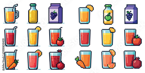 Juice icons with glass bottle carton pixel