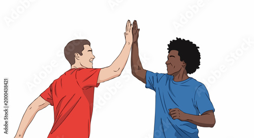 Two diverse friends happily giving a high five to each other, a gesture of friendship and celebration