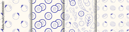 Vector mediterranean blue hand drawn outline sketch monochrome doodle seamless pattern with tomato, cucumber, salad leaf, vegetables. Healthy food background for kitchen print, wrapping paper design.