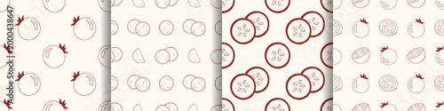 Vector red hand drawn outline sketch monochrome doodle seamless pattern set with tomato element on light background. Vegetable food print backdrop for salad design, kitchen textile, wrapping paper.