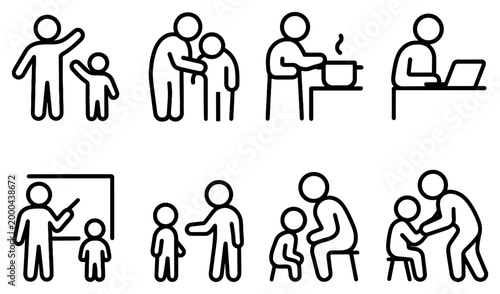 Family care icons with adult child elder minimal