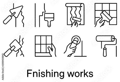 Construction icons with trowel roller brush minimal outline