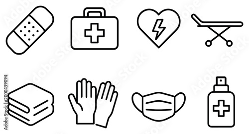 Medical icons with bandage firstaid mask outline linear