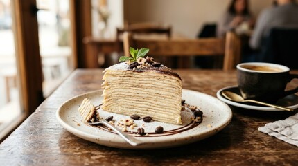 Delicious crepe cake slice with coffee beans, elegant dessert concept for cafe menus, pastry branding and gourmet food content, layered texture, refined plating, warm tones, soft natural light,