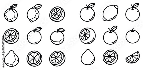 Citrus icons with orange lemon lime outline