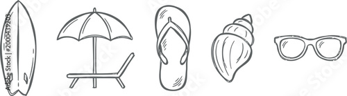 Summer vacation icons and beach accessories for seasonal travel planning and coastal holiday marketing materials