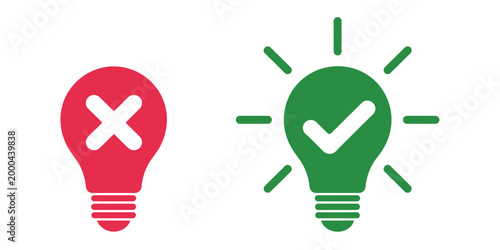 Bulb icon, check mark cross symbols, idea approval rejection concept, decision evaluation graphics, vector illustration