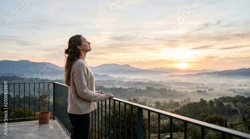 Sunrise Contemplation: A woman stands on a balcony, breathing deeply, and absorbing the serene ambiance of dawn. capturing tranquility.