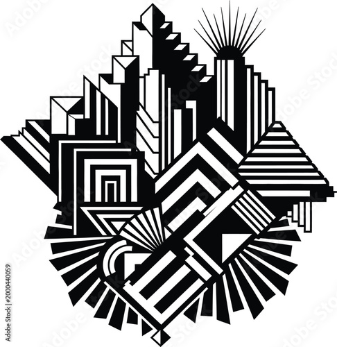 Art Deco Abstract Cityscape Vector Illustration, Vintage Geometric Skyscraper Design with Sunburst and Cubist Elements.