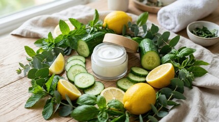Cucumbers, lemons, and leaves surrounding a jar of cream, fresh natural beauty composition for skincare and wellness themes with clean spa styling, soft light, realistic detail, no logos