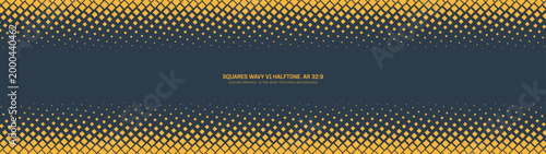 Square wavy grid halftone pattern faded horizontal border ultra wide 32:9 aspect ratio vector yellow black abstract background. Half tone texture panoramic format retro futuristic graphic abstraction