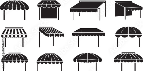 Commercial Shop Awning and Canopy Silhouette Icon Set