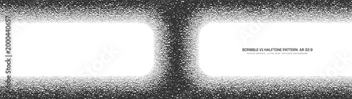 Scribble graphic texture halftone pattern dual frame ultra wide 32:9 aspect ratio black white vector abstract background. Handdrawn rough rippled messy lines graphical panoramic format grunge backdrop