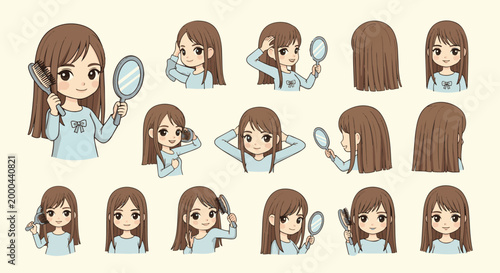 Cartoon girl character expression sheet set.