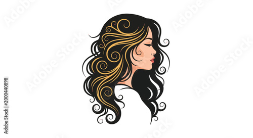 Stylized female head profile with flowing hair.