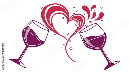 Wine glasses illustration with splashing liquid forming heart shape in elegant romantic style for celebration concept