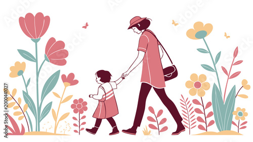 Mother walking with daughter among blooming flowers in soft pastel style showing care love and family bonding