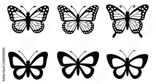 Butterfly silhouette icon, elegance transformation symbols, graceful wing graphics, minimal nature design, vector illustration