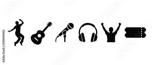 Music Festival Concert Icons Set - Guitar, Microphone, Headphones, Ticket, Dancing Fans - Flat Black Vector Illustrations for Live Event Promotion, Entertainment Branding, and Musical Performance Desi