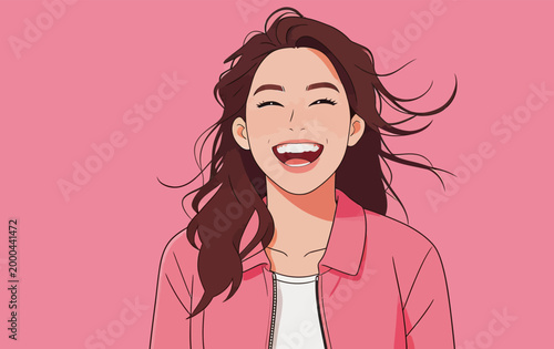 Joyful young woman laughing happily in flat illustration style