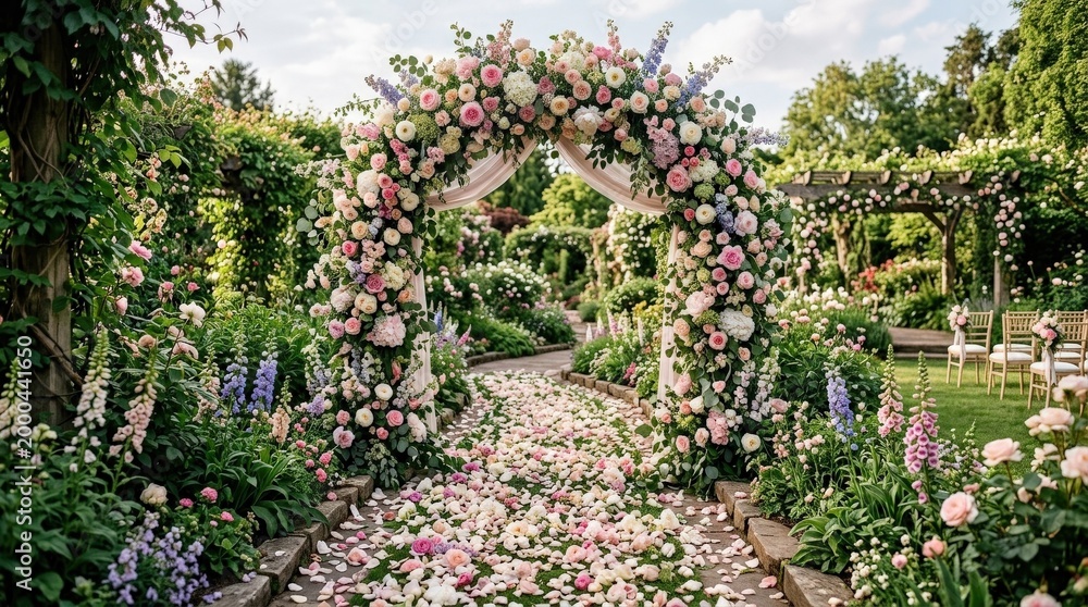 Obraz premium Stunning floral arch in a romantic garden escape, elegant blooming pathway with lush petals, enchanting scenery and dreamy wedding atmosphere, premium botanical setting for celebration concepts, soft