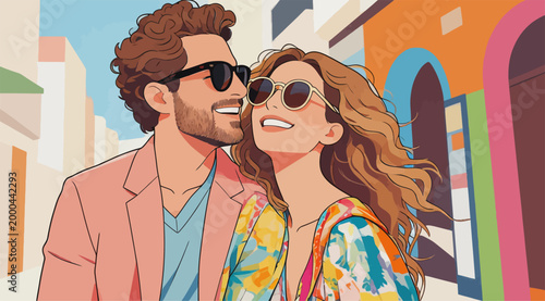 Happy couple enjoying vacation stroll on colorful street