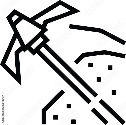 Robust pickaxe striking hard ground with force creating flying debris during excavation