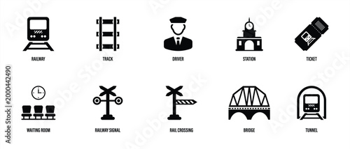 Railway Icon Set – Train Station Track and Transport Infrastructure Symbols Collection