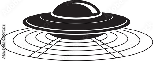 Illustration of a flying saucer emitting radio waves with sci