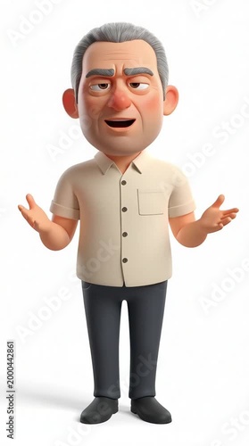 A 3D CGI image of an elderly man with gray hair, wearing a beige shirt and dark trousers, with his arms crossed and a furrowed brow, speaking something aloud, against a white background