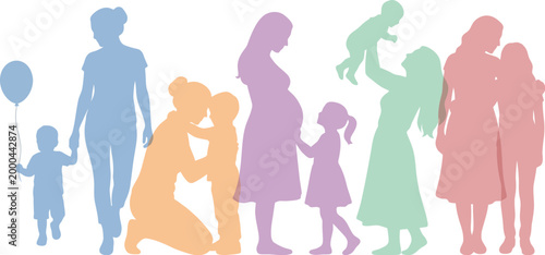Mother's Day Diverse mothers and children silhouettes representing motherhood and family bonding for parenting resources and community support awareness