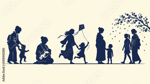 Mother's Day Silhouettes of women and children in various stages of motherhood and growth for family health and social development concepts