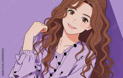 Sweet Cartoon Young Woman with Curly Brown Hair