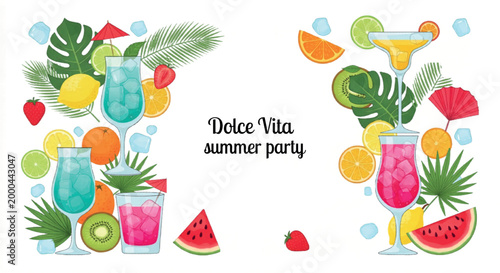 Dolce Vita summer party vector illustration, tropical cocktails and exotic fruits banner, colorful beach drinks with palm leaves and ice cubes isolated PNG with Transparent Background