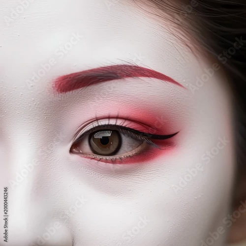 Slow, subtle eye movement with a gentle blink, eyelashes fluttering, maintaining the detailed red makeup