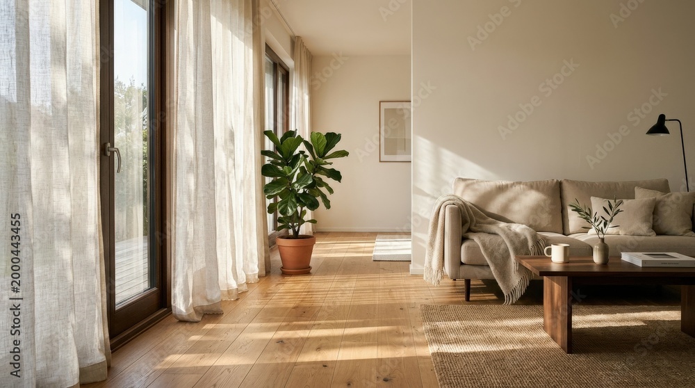 Fototapeta premium Sunlight streaming through curtains into a minimal room, calm interior scene with soft shadows, clean modern styling and peaceful residential atmosphere for home and design concepts, soft natural