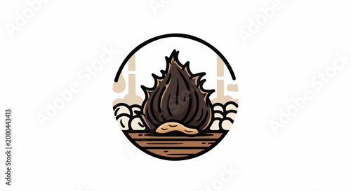 A stylized illustration of a roasted chestnut with decorative elements