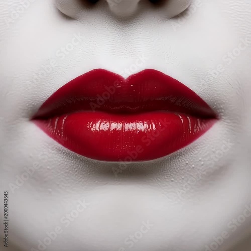 Close-up of a Japanese woman with white face paint and red lips, slightly sticking out her tongue