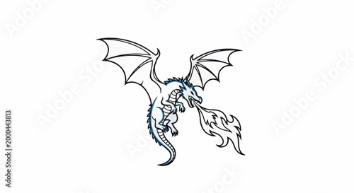A white dragon with blue accents breathes fire, wings spread wide