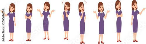 Business Woman Character Pose Set with Different Gestures in Formal Dress for Presentation, Communication, and Office Lifestyle Illustration Projects.