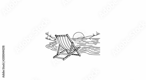 A simple line drawing depicts a beach chair by the water at sunset