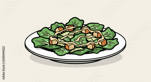 A simple cartoon illustration of a Caesar salad on a white plate