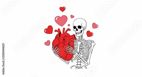 A skeleton clutches a red heart surrounded by floating hearts