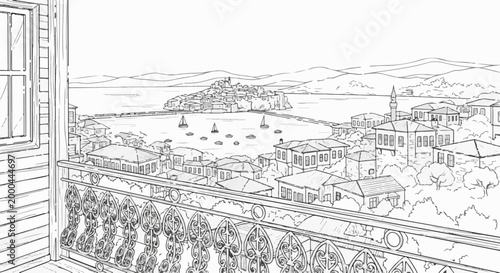A sketch of a coastal town viewed from a balcony with intricate railing