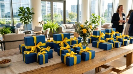 Multiple blue gift boxes with bright yellow ribbons arranged on a table in a sunlit modern room, celebration and corporate gifting concept, realistic detail, no logos